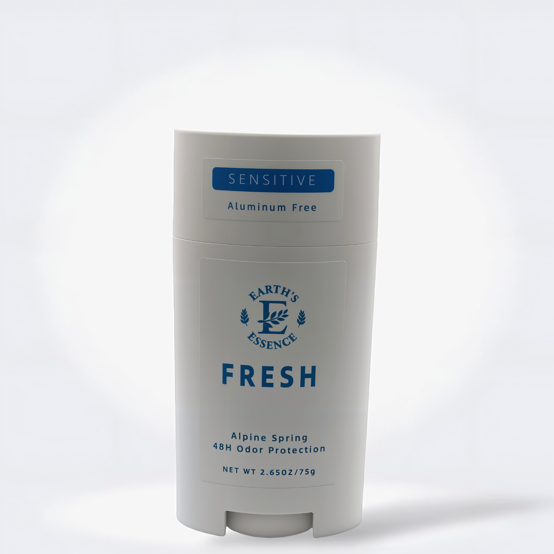 Deodorant stick with 'Earth's Essence' branding on a white background