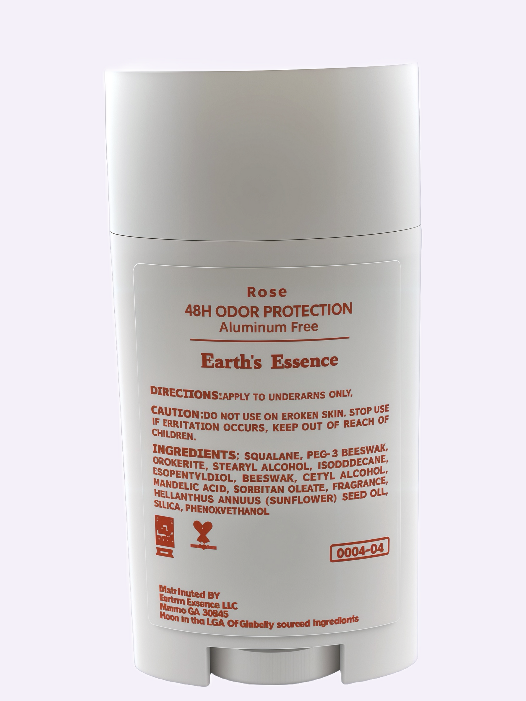 Deodorant stick with red text on a white background