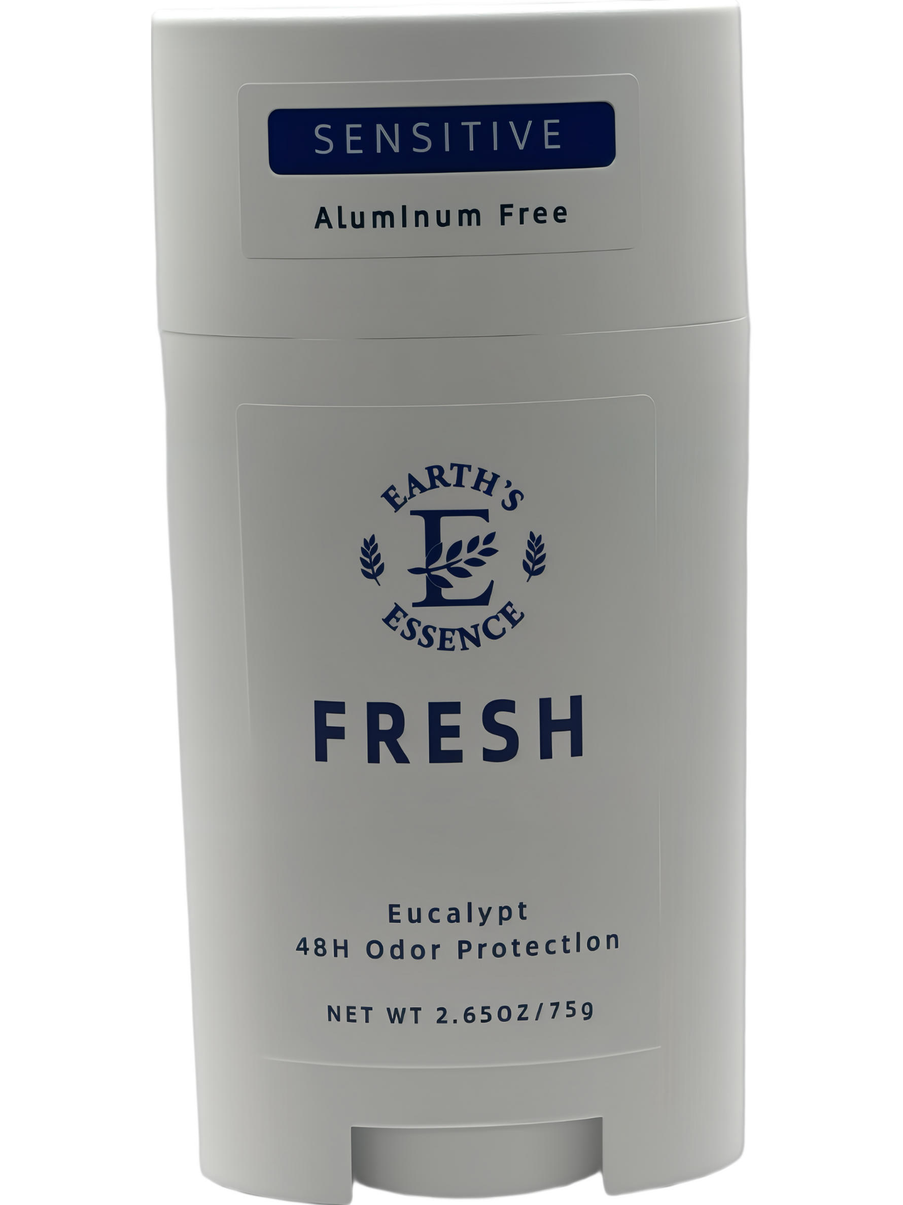 Deodorant stick labeled 'Sensitive' and 'Earth's Essence Fresh' on a white background