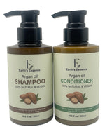 Two bottles of Earth's Essence Vegan Argan oil Shampoo and Conditioner on a white background