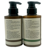 Two bottles with pump dispensers on a white background, showing product benefits and ingredients.